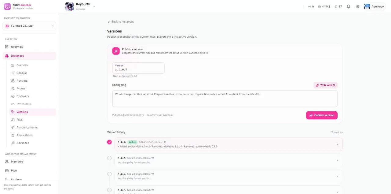 Versions page with an AI-written changelog